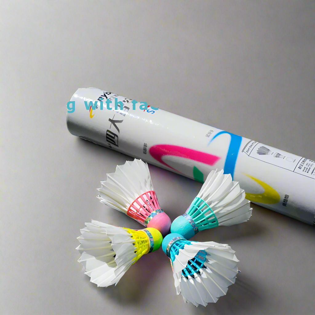 Becmella goose feather shuttlecocks set of four with colorful bases and white storage tube for badminton