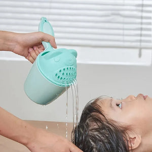 Becmella mint bear design cup pouring gentle streams over childs hair tear free baby rinse cup for easy wash
