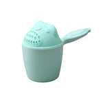 Load image into Gallery viewer, Becmella tear free baby rinse cup mint green with handle and owl strainer for gentle shampoo rinsing
