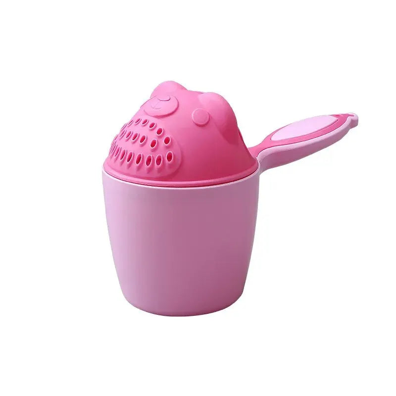 Becmella pink frog silicone rinse cup with handle and perforated spout for gentle baths tear free baby rinse cup