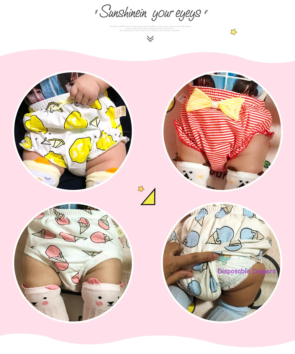 Becmella eco friendly baby diapers with colorful fruit and animal prints on babies