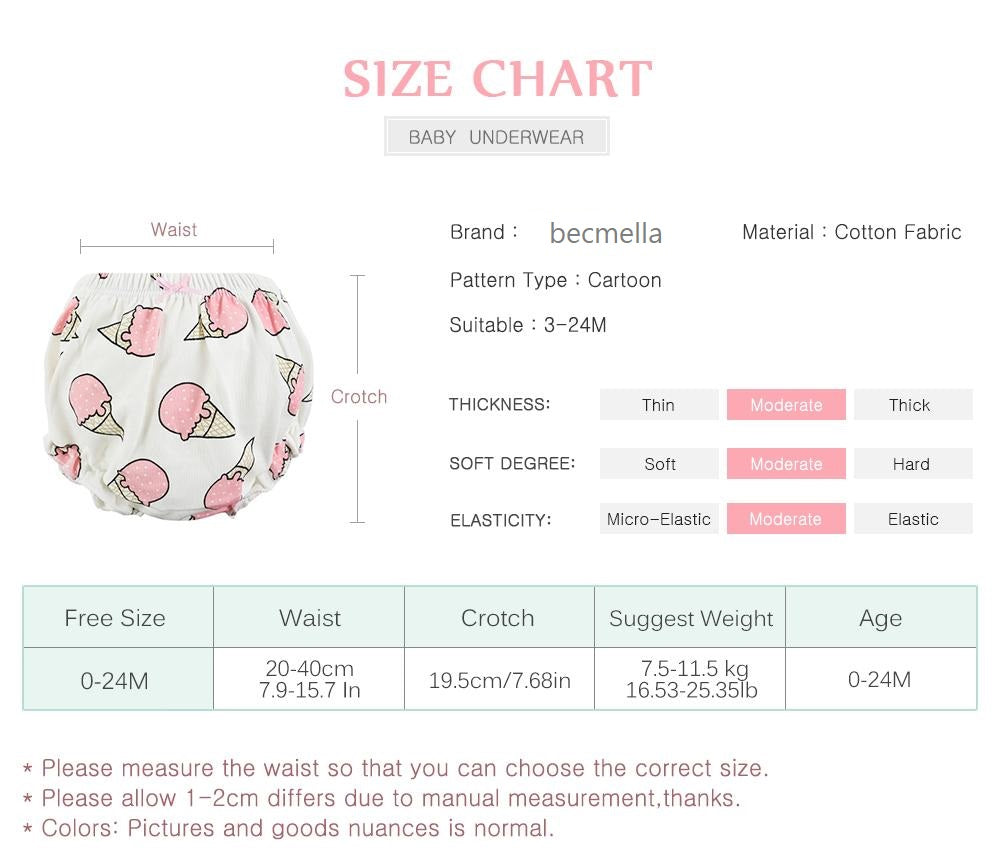 Becmella eco friendly baby diapers with cartoon ice cream pattern made of cotton fabric for babies 0 to 24 months
