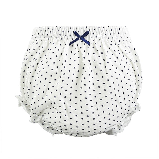 Becmella eco friendly baby diapers white with navy blue polka dots and bow detail