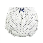 Load image into Gallery viewer, Becmella eco friendly baby diapers white with navy blue polka dots and bow detail
