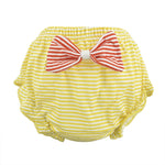 Load image into Gallery viewer, Becmella eco friendly baby diapers in yellow stripes with a red and white bow for kids
