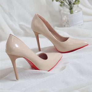 Becmella beige high heels with red bottom pumps for women displayed on white fabric