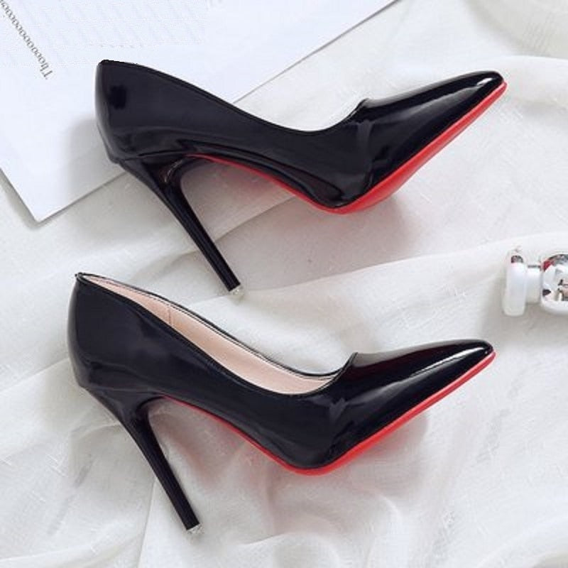 Becmella black patent red bottom pumps for women with pointed toes and stiletto heels