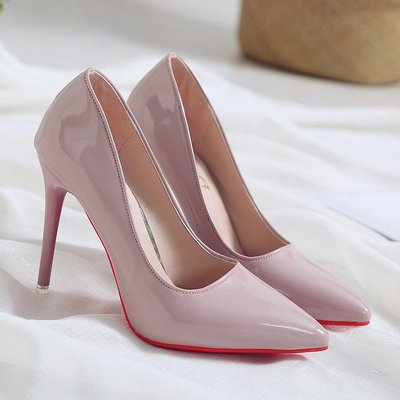 Becmella elegant nude patent leather red bottom pumps for women with pointed toes and high heels