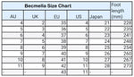 Load image into Gallery viewer, Becmella shoe size chart showing conversions for AU UK EU US Japan and foot length in millimeters
