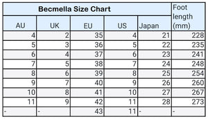 Becmella shoe size chart showing conversions for AU UK EU US Japan and foot length in millimeters
